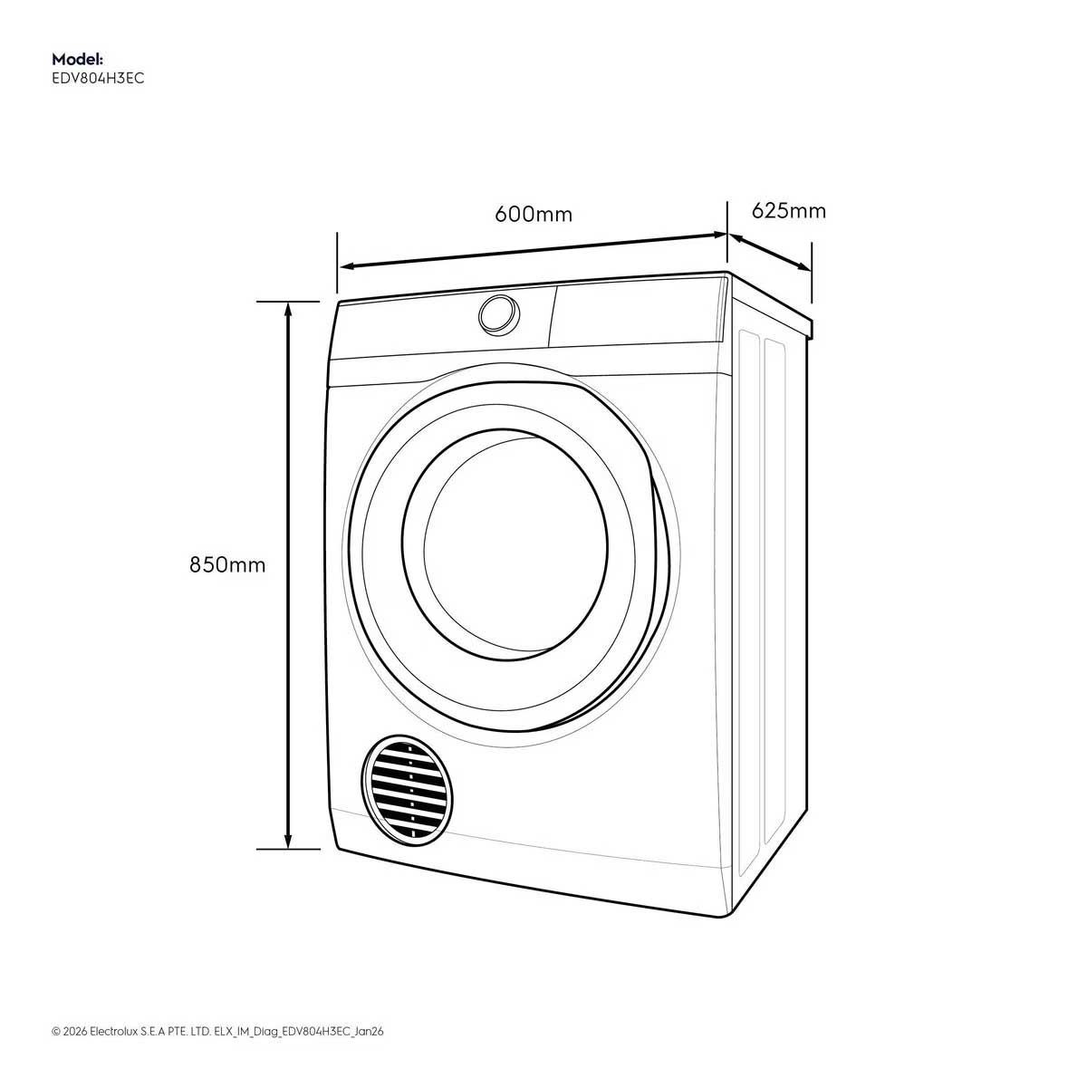 ELECTROLUX เครื่องอบผ้า8Kg. 2250W 12โปรแกรม รุ่นEDV804H3EC